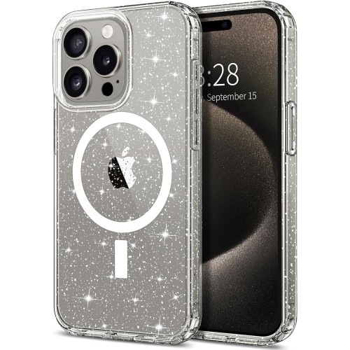 Entronix [Magnetic] Case Compatible with iPhone 15 Pro - [Hard Back] Glitter Clear